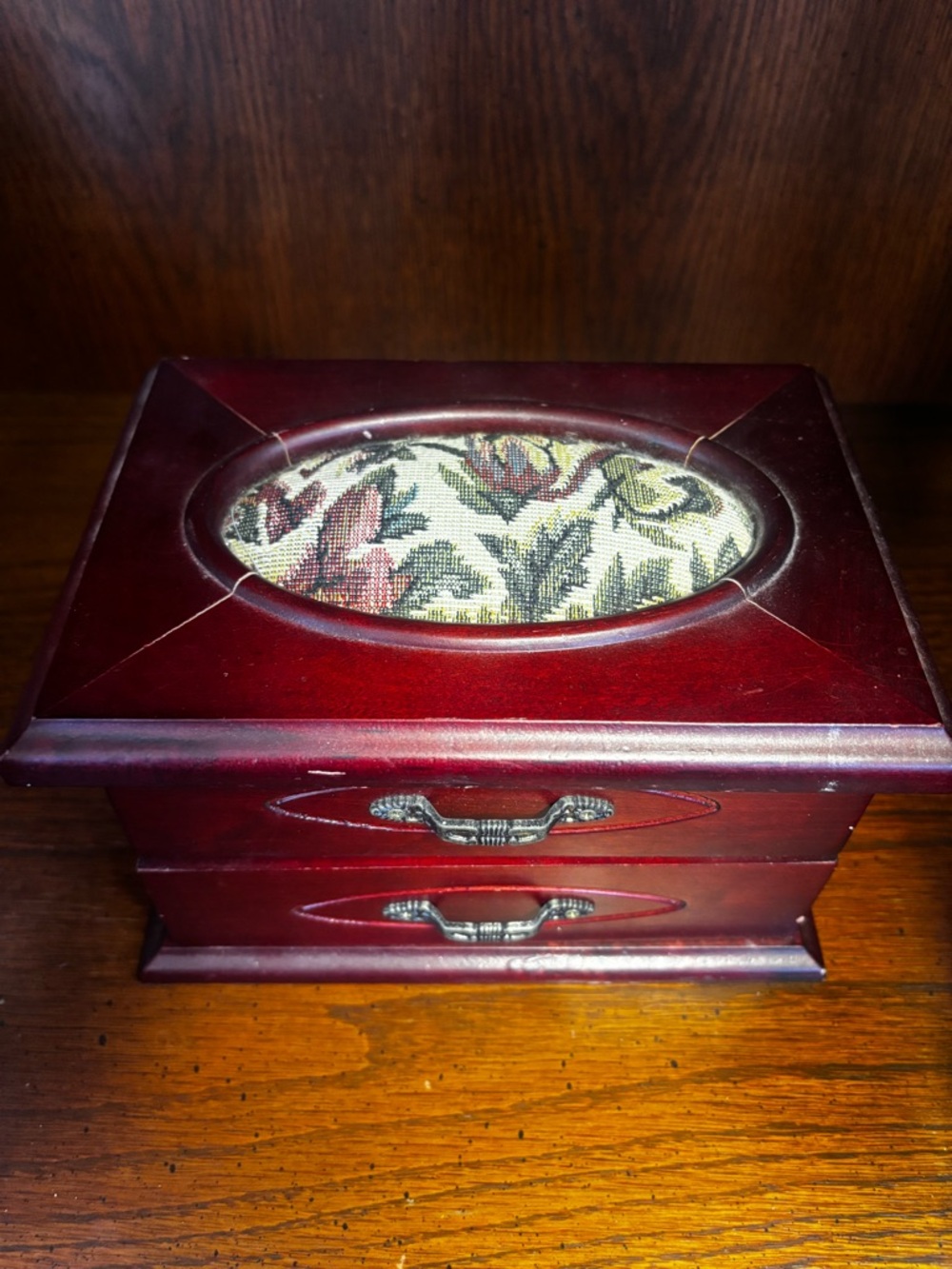 Wooden Jewelry Box with Floral Fabric Needlepoint Top - Burgundy